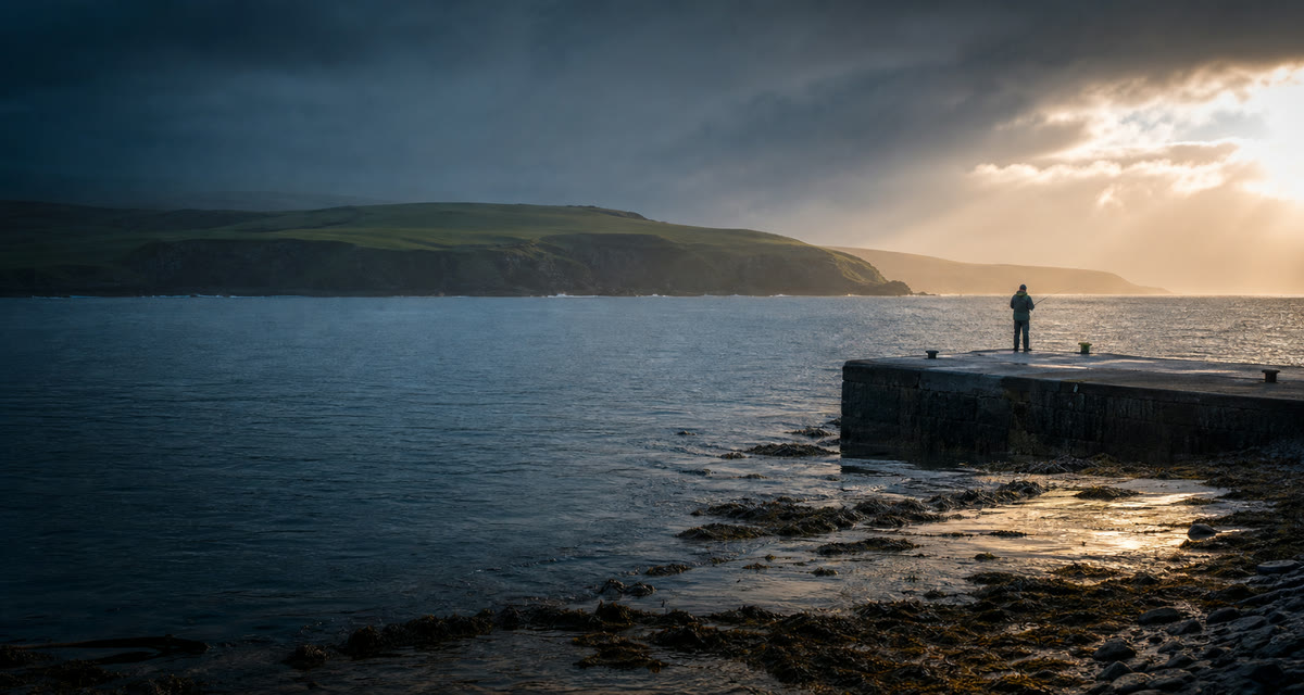 Editorial artwork of an angler on a sheltered Atlantic harbour wall at dawn